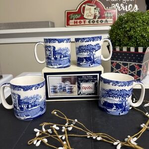 Spode Blue Italian Mugs Blue & White 4 Piece NEW 9 oz